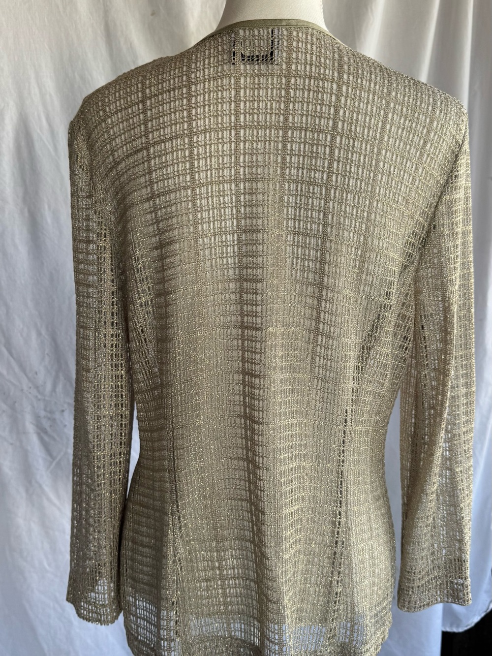 R&M Richards Metallic Open-Knit Long Sleeve Cardigan in Gold